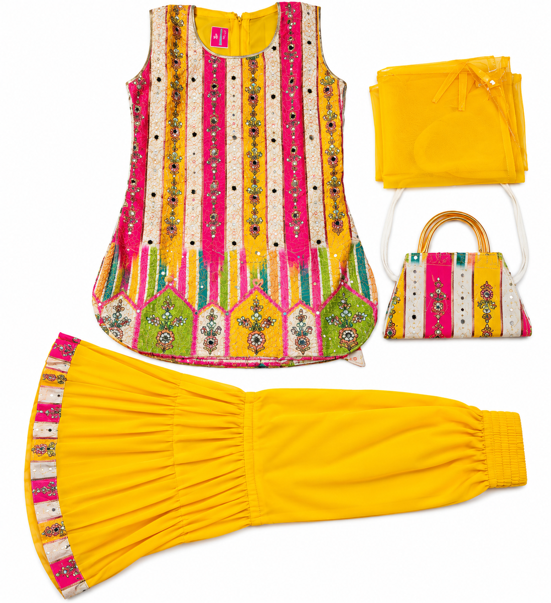 Multicolor Kurti with Yellow Sharara and Dupatta Set