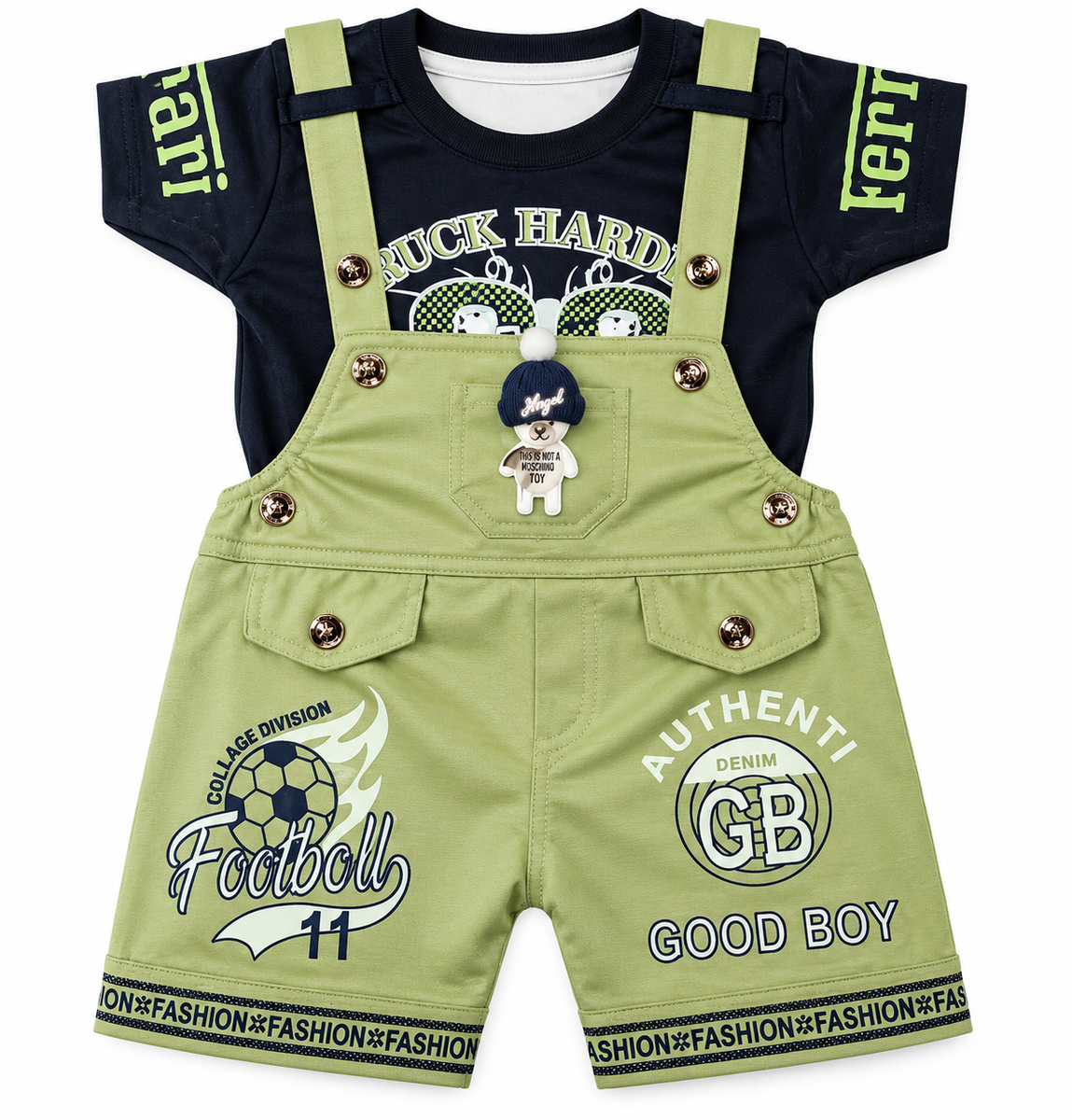 Boys Olive Green Dungaree with Black Printed T-Shirt Set — lifestyle