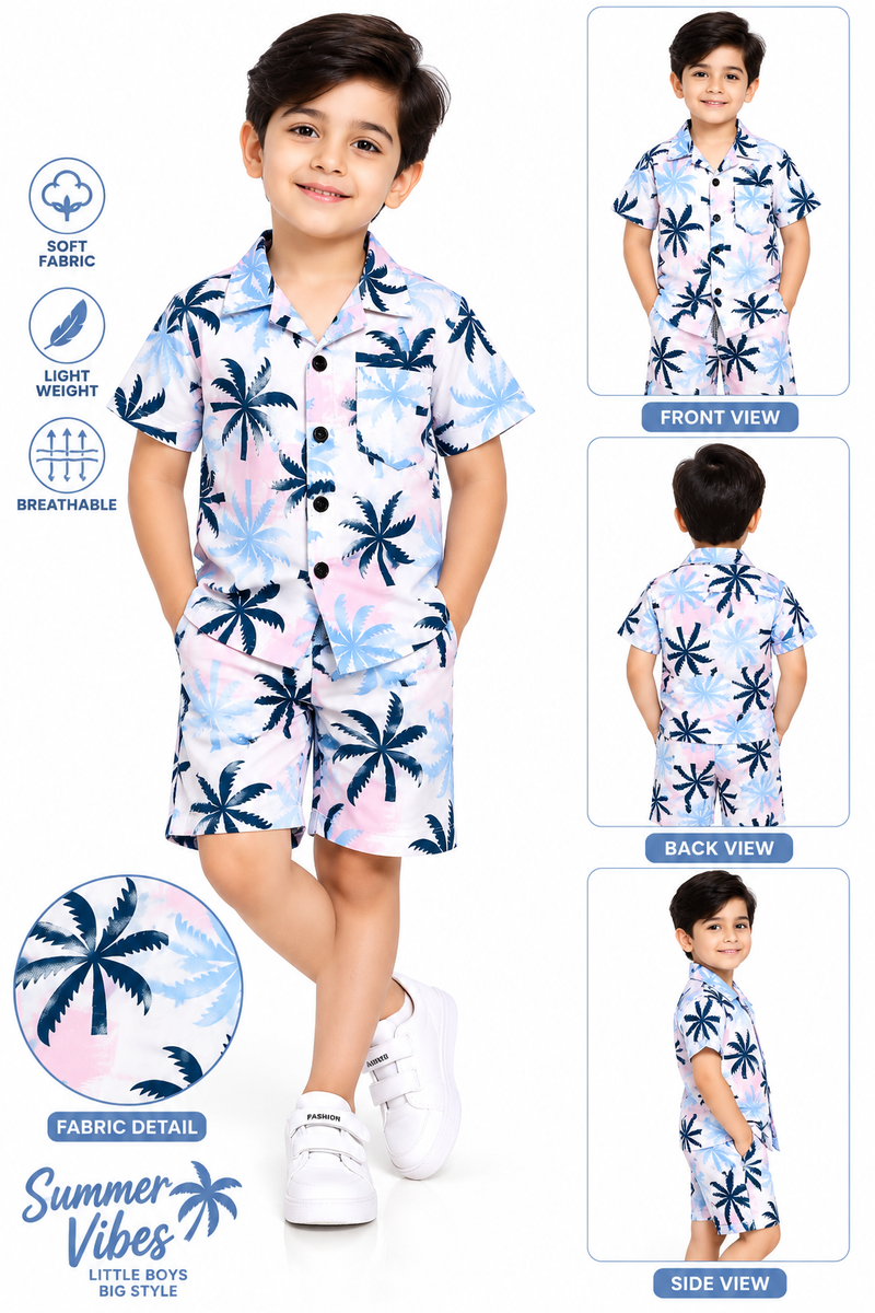 Boys Tropical Palm Print Cuban Shirt and Shorts Co-ord Set - White