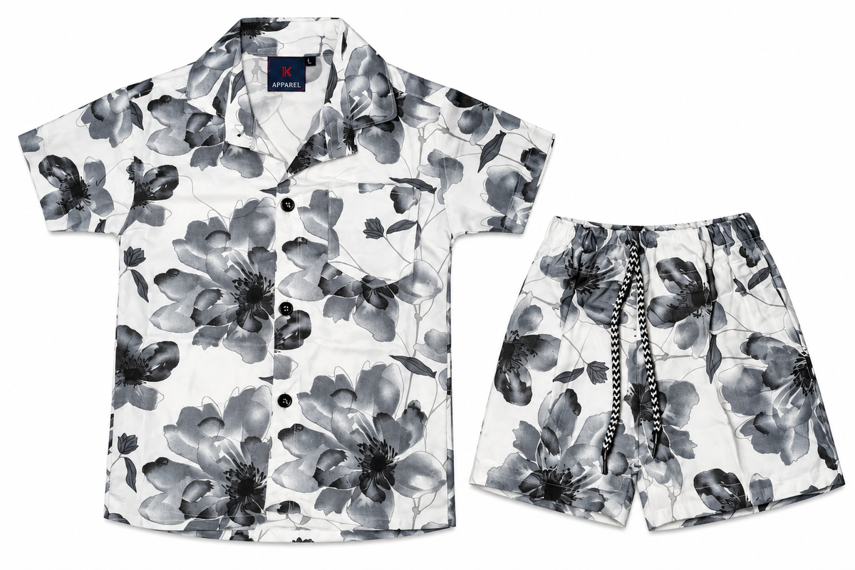 Boys White and Black Floral Print Shirt and Shorts Co-ord Set — lifestyle