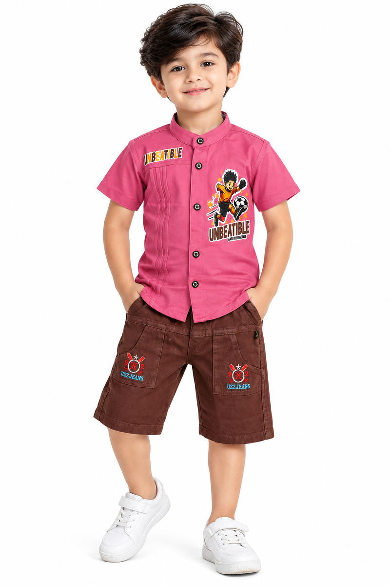 Boys Pink Graphic Shirt and Brown Shorts Set