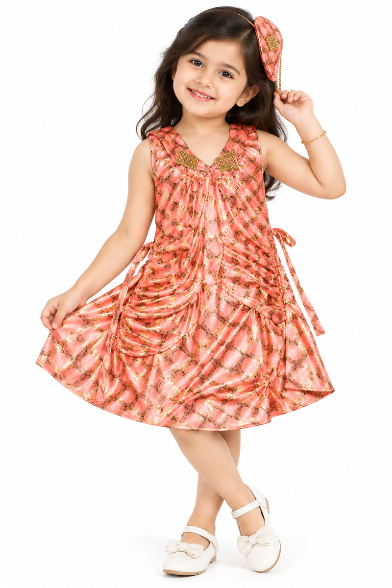 Peach Metallic Printed Party Frock with Matching Headband
