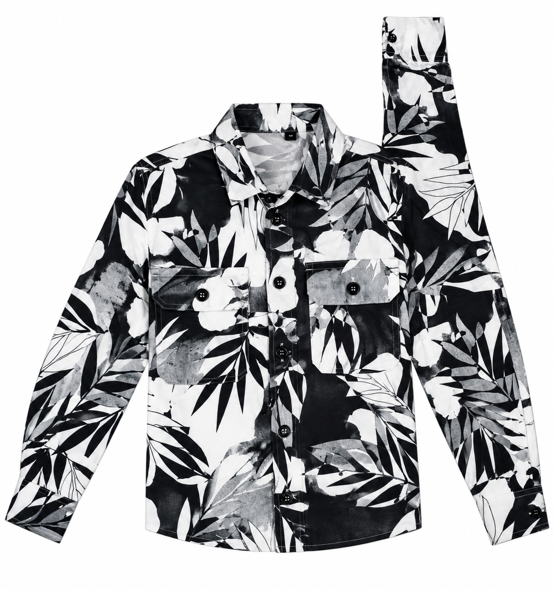 Boys Black & White Tropical Leaf Print Casual Shirt — lifestyle