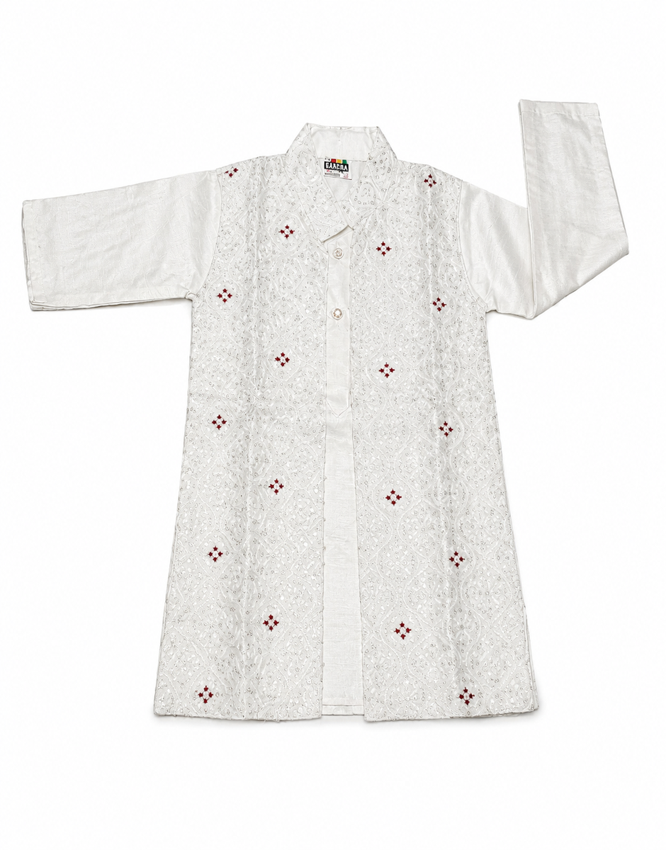 Boys Off-White Nehru Jacket Kurta Pajama Set