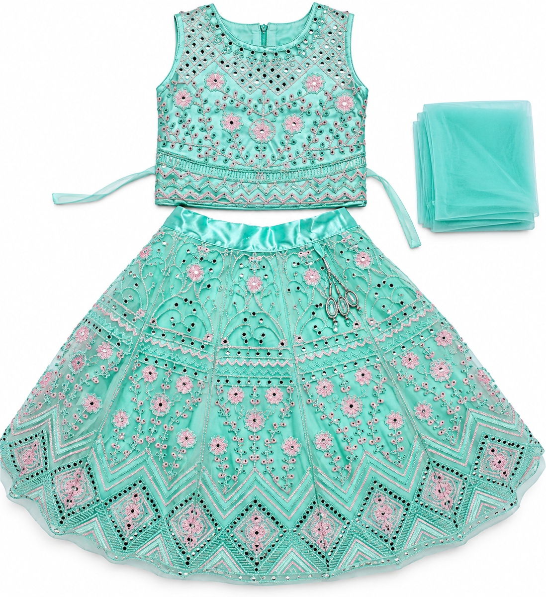 Mint Green Embroidered Mirror Work Lehenga Choli Set with Dupatta
