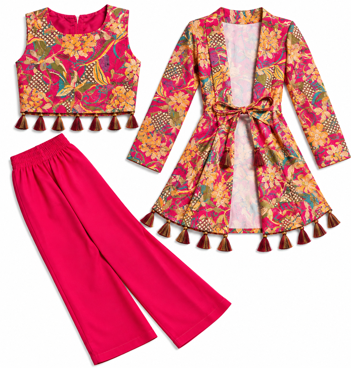 Pink Floral Crop Top with Palazzo and Matching Shrug