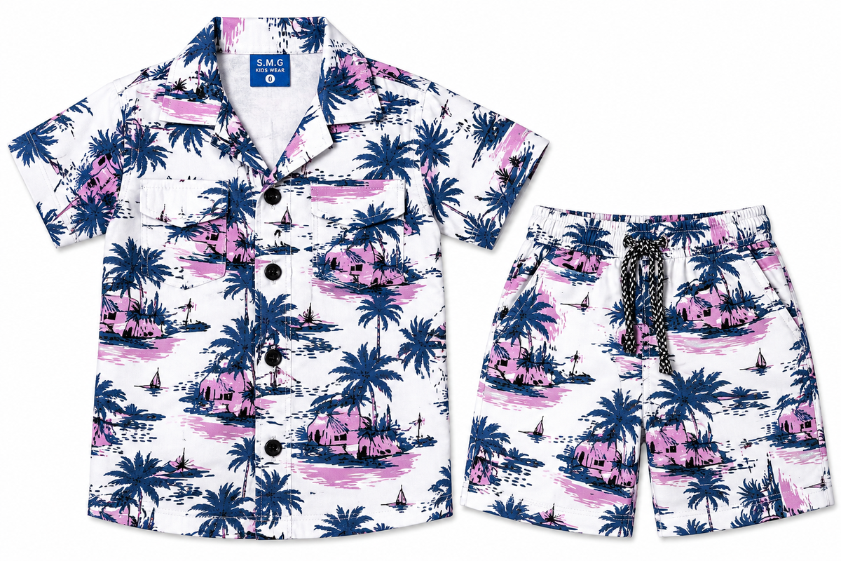 Boys Tropical Print Short Sleeve Shirt and Shorts Co-ord Set — lifestyle